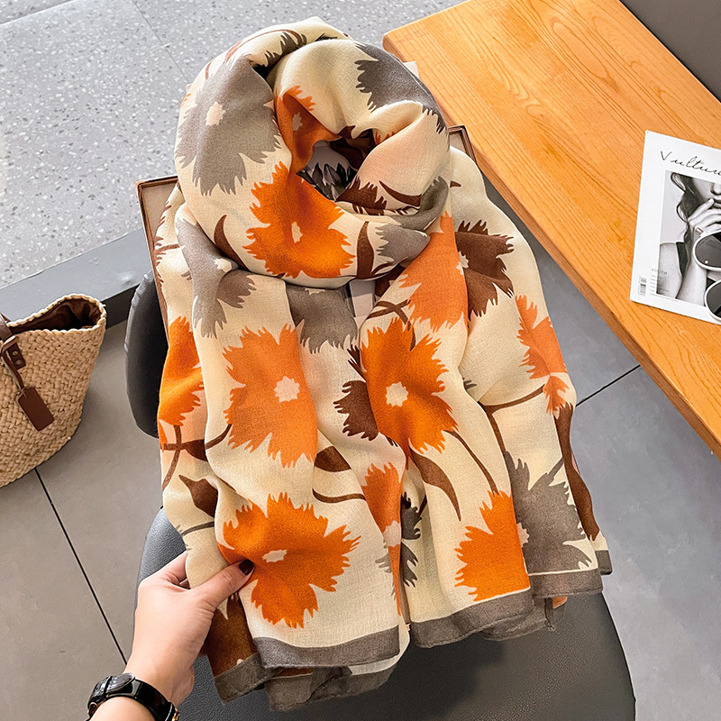 Soft Cotton Linen Floral Scarf For Women Spring Autumn 2023 New Blue Silk Scarf Mom Coat Popular Shawl Bib details Picture