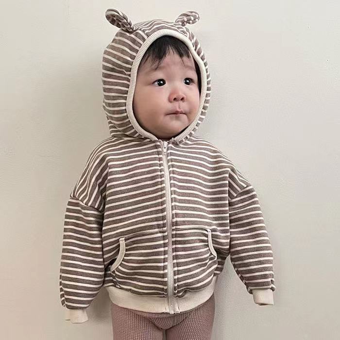 INS款春秋婴幼儿拉链衫条纹连帽熊耳朵外套男女童兜兜卫衣开衫