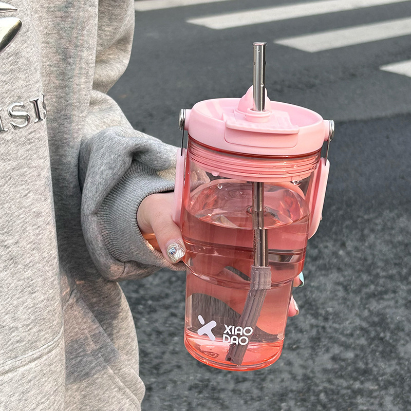 ins风精美大容量塑料杯便携式提手杯简约车载吸管水杯双饮杯