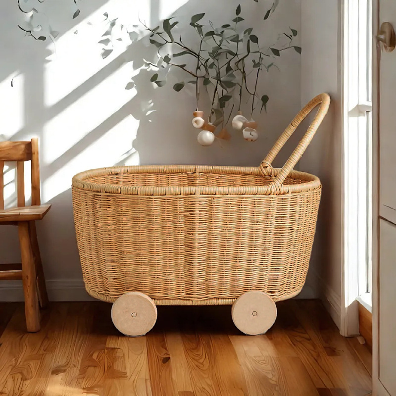 Rattan toy storage basket for children aged 3-6, playing house, rattan trolley, hand-woven storage basket
