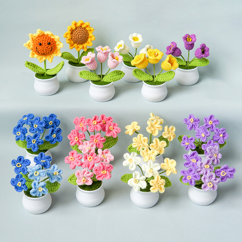 Finished Handwoven Lily Of The Valley Potted Home Decoration Knitted Simulation Flower Wool Crochet Sunflower Bouquet Gift