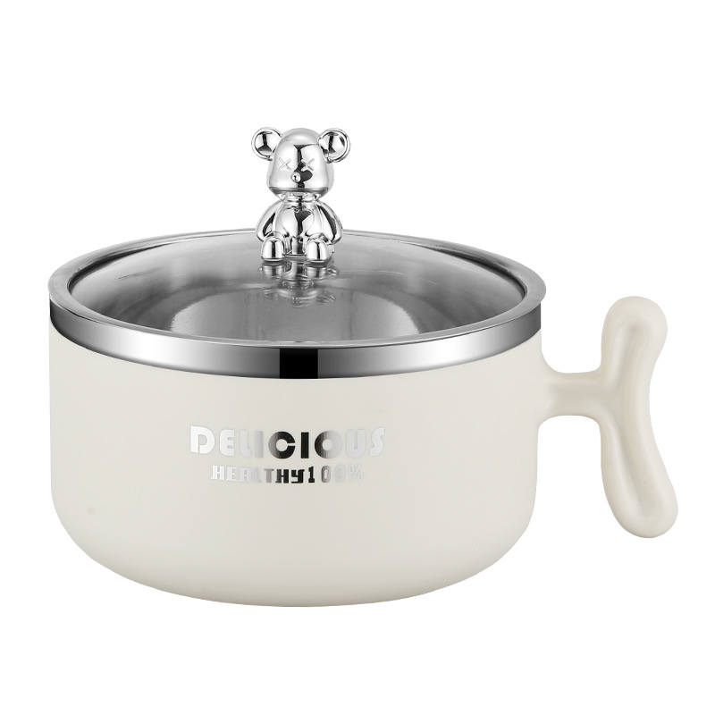 Noodle bowl 304 stainless steel noodle bowl rice bowl with lid Students round soup bowl lunch box Dormitory violent bear lunchbox 01216KT9103 Item Picture