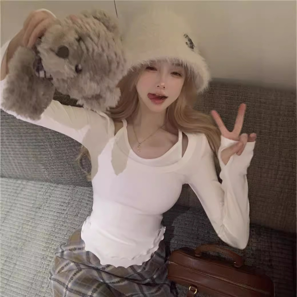 纯欲风假两件长袖T恤女秋季修身内搭打底衫设计感不规则短款上衣