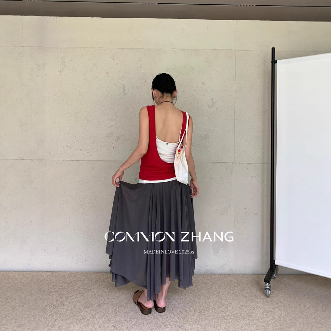 CZ ZHANG Summer Korean-style solid-color casual cinched waist slimming gauze mesh pleated A-line skirt B22410 Item Picture