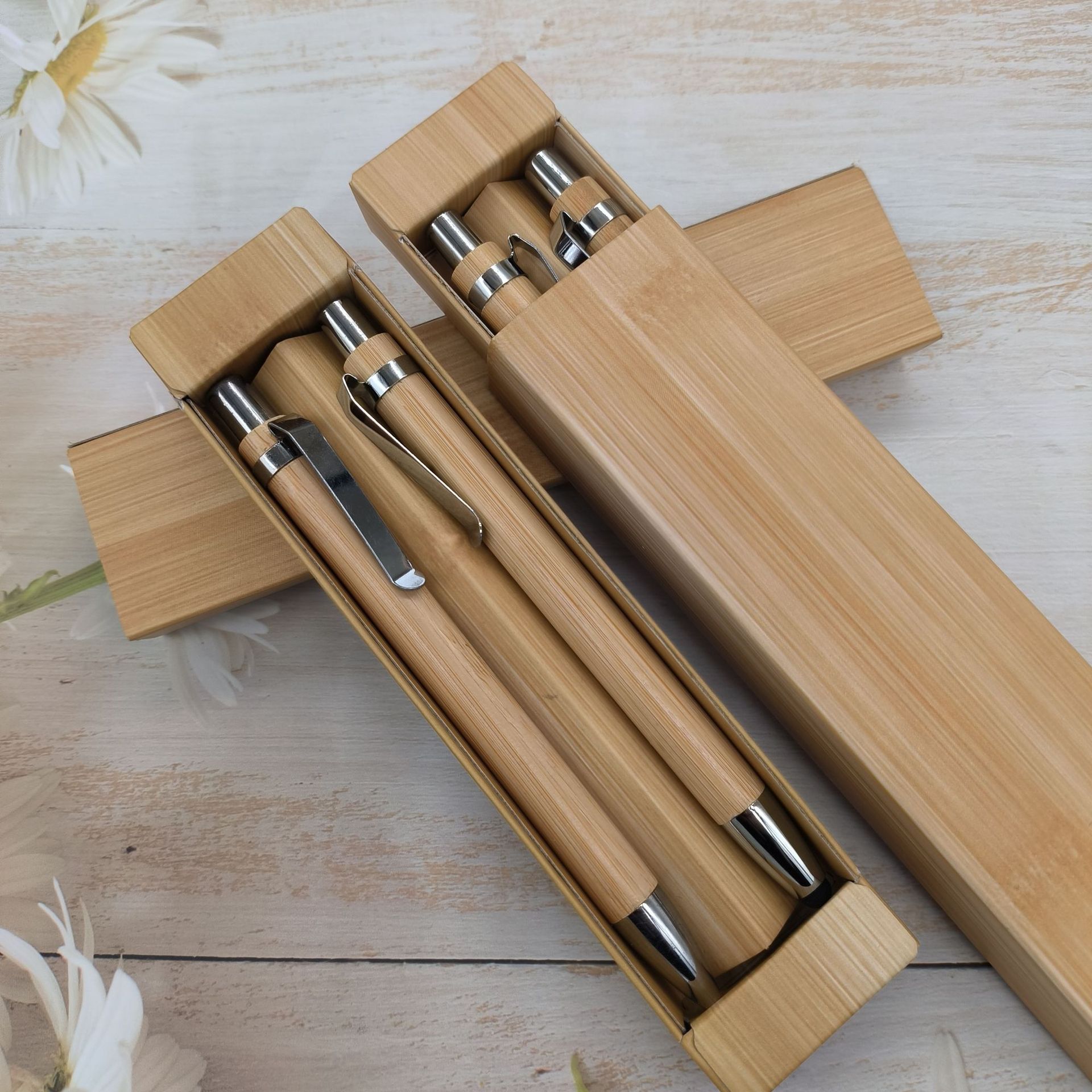 In-stock bamboo pen set, metal hook, bamboo and wood rod, touch head, ballpoint pen, printed color logo, advertising pen