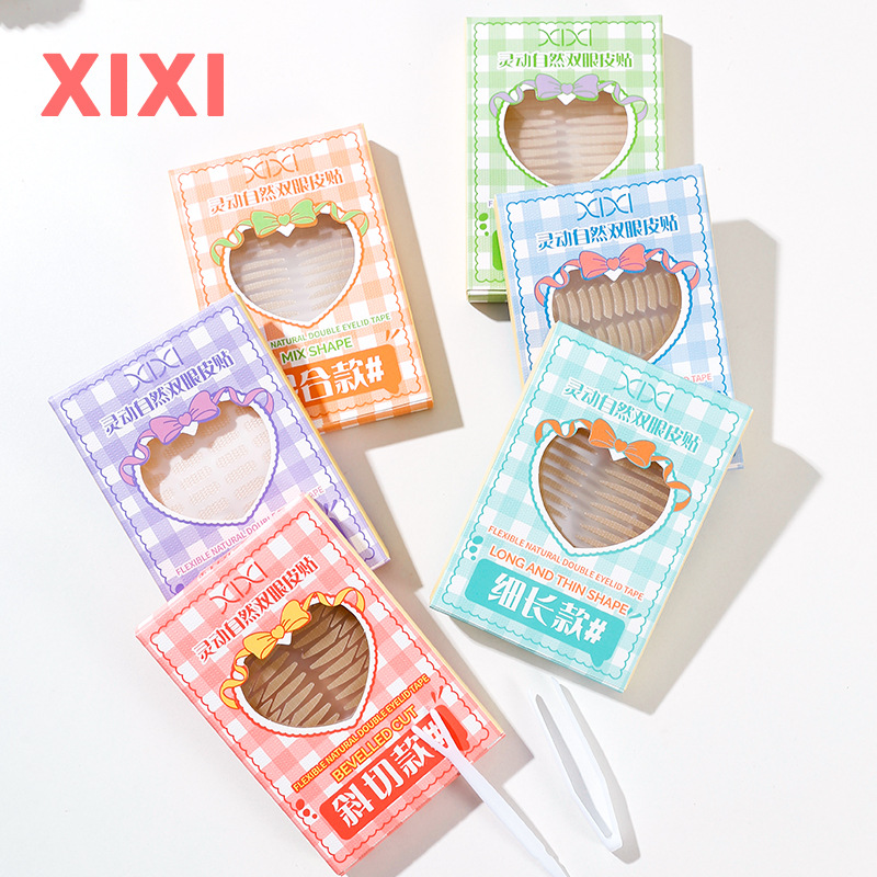 xixi's dynamic and natural double eyelid stickers are invisible, matte, and leave no trace. They stick to water immediately and do not require glue. They are adjustable and oval-shaped Specification image