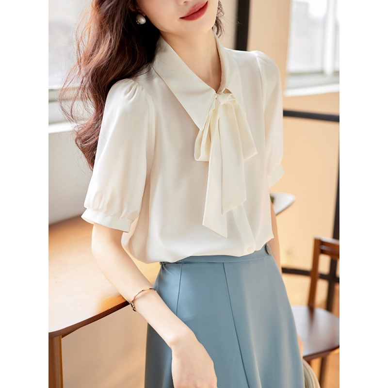 现货烟蓝色雪纺短袖衬衫女2024夏小个子垂感韩系飘带上衣温柔风