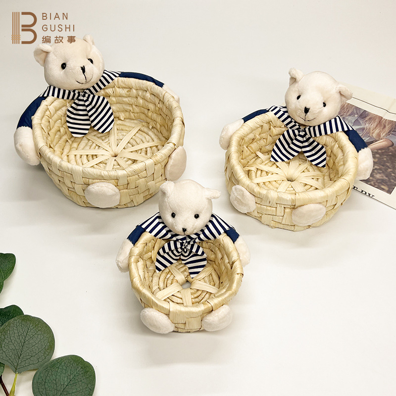 Cross-Border Hot Straw Storage Basket Home Decoration Storage Basket Navy Bear Rabbit Resurrection Holiday Egg Basket details Picture