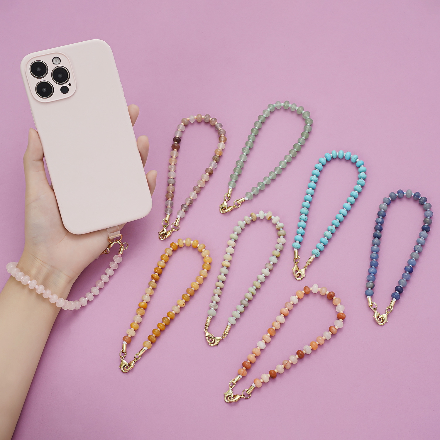 DIY个性创意天然石手机链条高级感ins风手工串珠防丢手机挂链批发
