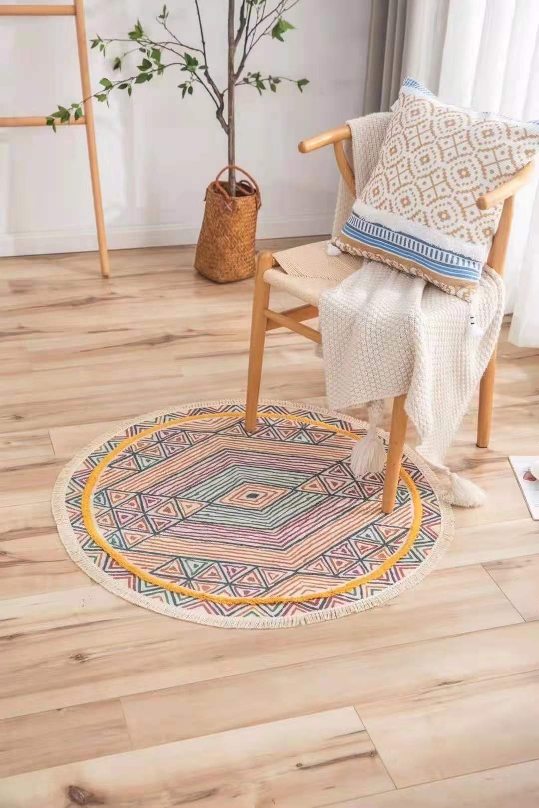 Nordic Cotton And Linen Retro Round Carpet Entry Door Decoration Mat Bedroom Bedside Anti-Slip Foot Mat Map Customization Item Picture