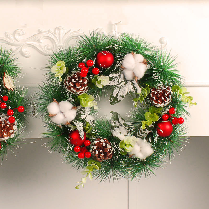 "Love in Hong Kong Christmas Cotton pinecone wreath Door Hanging Christmas Ball Wreath Window decoration props Festival Rattan Wall hanging. details Picture