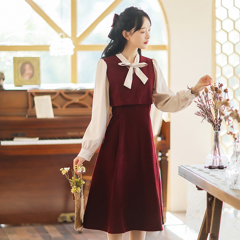 One-piece consignment women's clothing 2023 Autumn/Winter new retro sweet patchwork dress, youthful lady dress ME6203