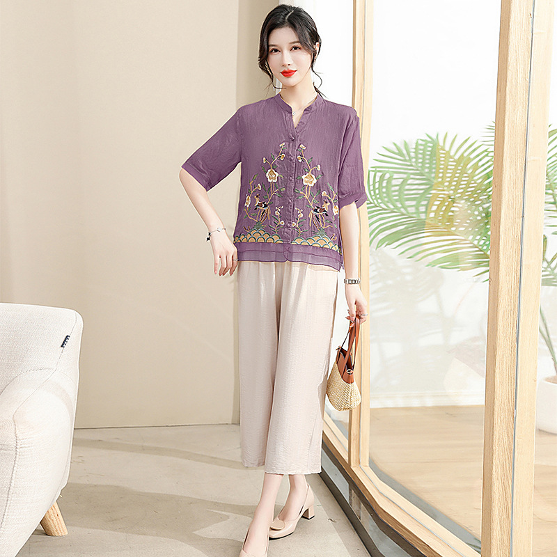 2024 New summer Dress for middle-aged and elderly women, cotton and linen embroidered two-piece set, New Chinese style summer mom's wear Specification image
