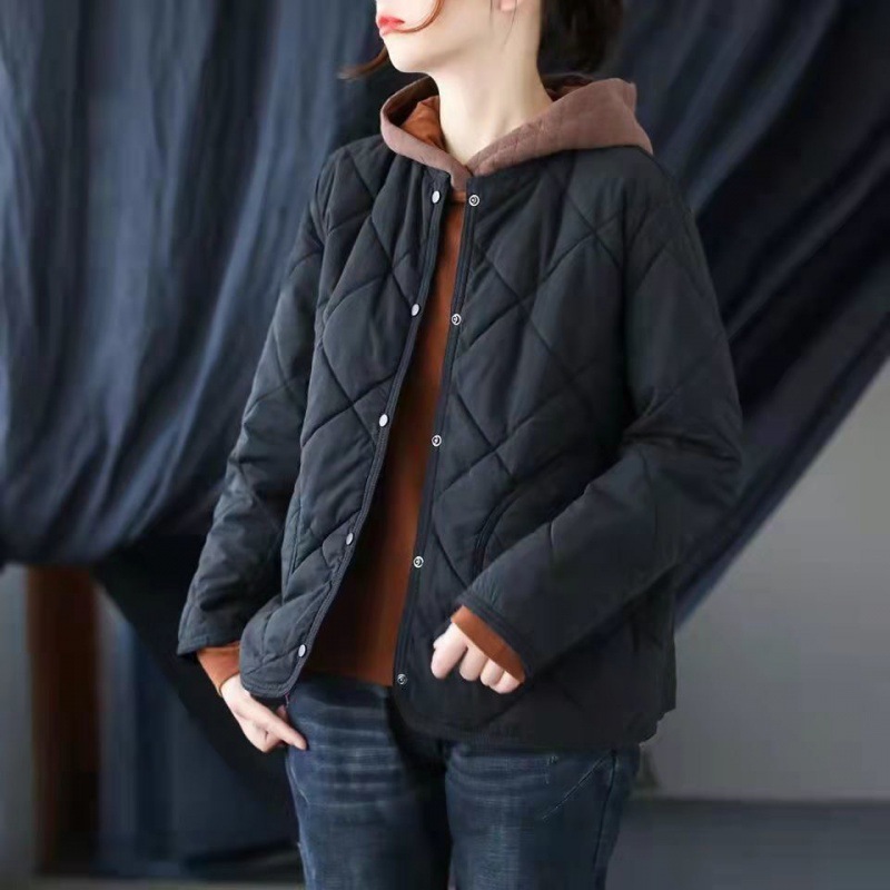 Korean Version Thin Small Cotton-Padded Woman Small Man With Literary Large Size Cotton-Padded Coat Loose Round Collar Clip Cotton Lady Short Coat Specification drawing