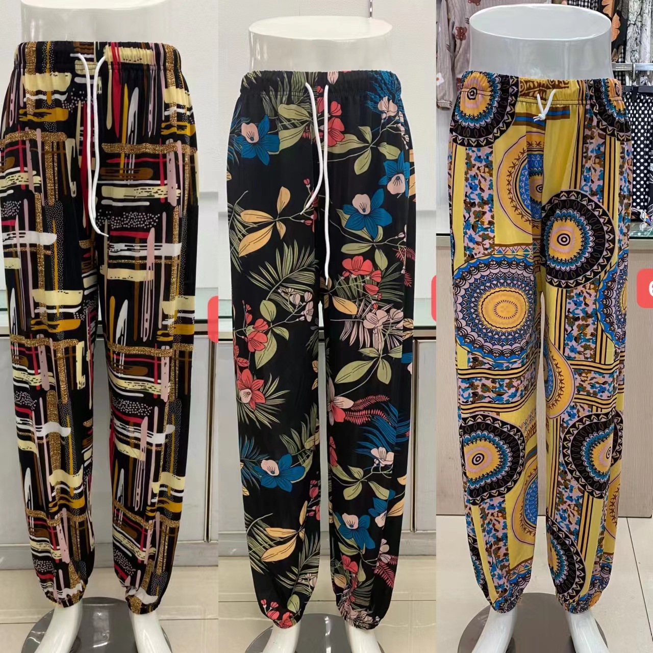 Middle-aged and elderly women's pants, ice and snow silk lantern pants, mom's extra-large printed pants, summer sun protection beach pants, ethnic style details Picture