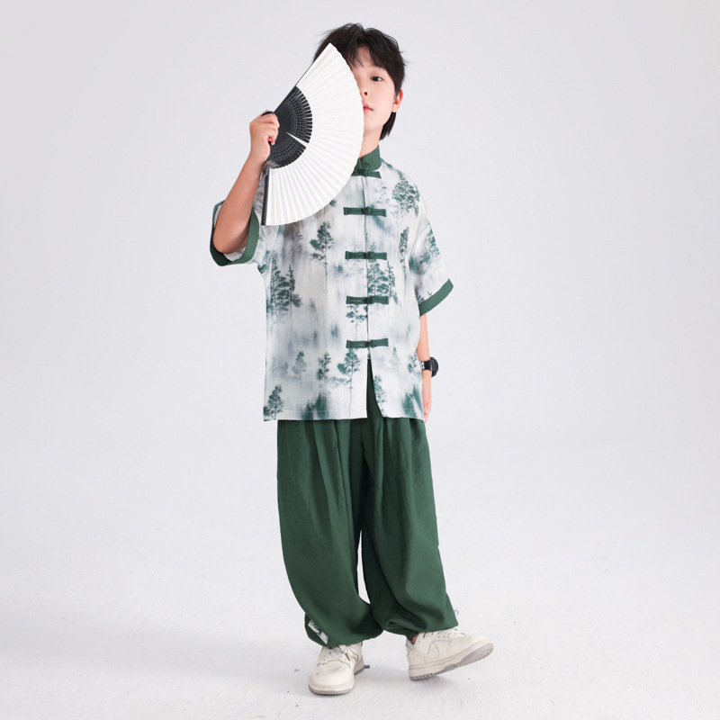 A new type of short-sleeved Hanfu set for boys to wear in summer, a traditional costume for primary school students and children, and a Tang suit Specification image