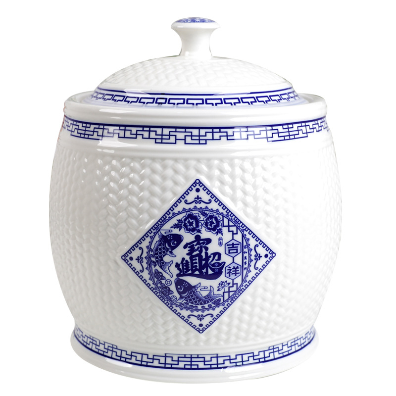 Jingdezhen ceramic rice cylinder flour barrel oil water cylinder 10 jin /20 jin /30 jin with cover sealed tank household moisture-proof
