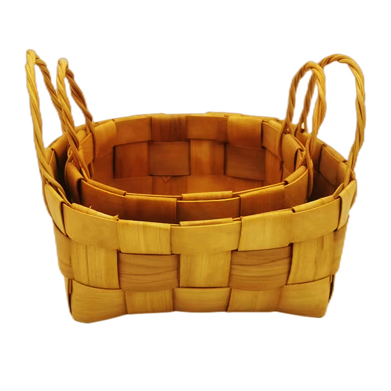 Sy22071 Japanese Handmade Wood Chips Double Ear Bread Basket Fruit And Vegetable Basket Snack Basket Sundry Storage Basket Item Picture