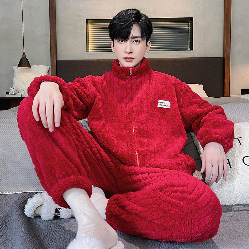 Wholesale Pyjamas Men's Winter Long Sleeve Coral Velvet And Velvet Thickened Spot Flannel Men's Homewear Set Specification drawing