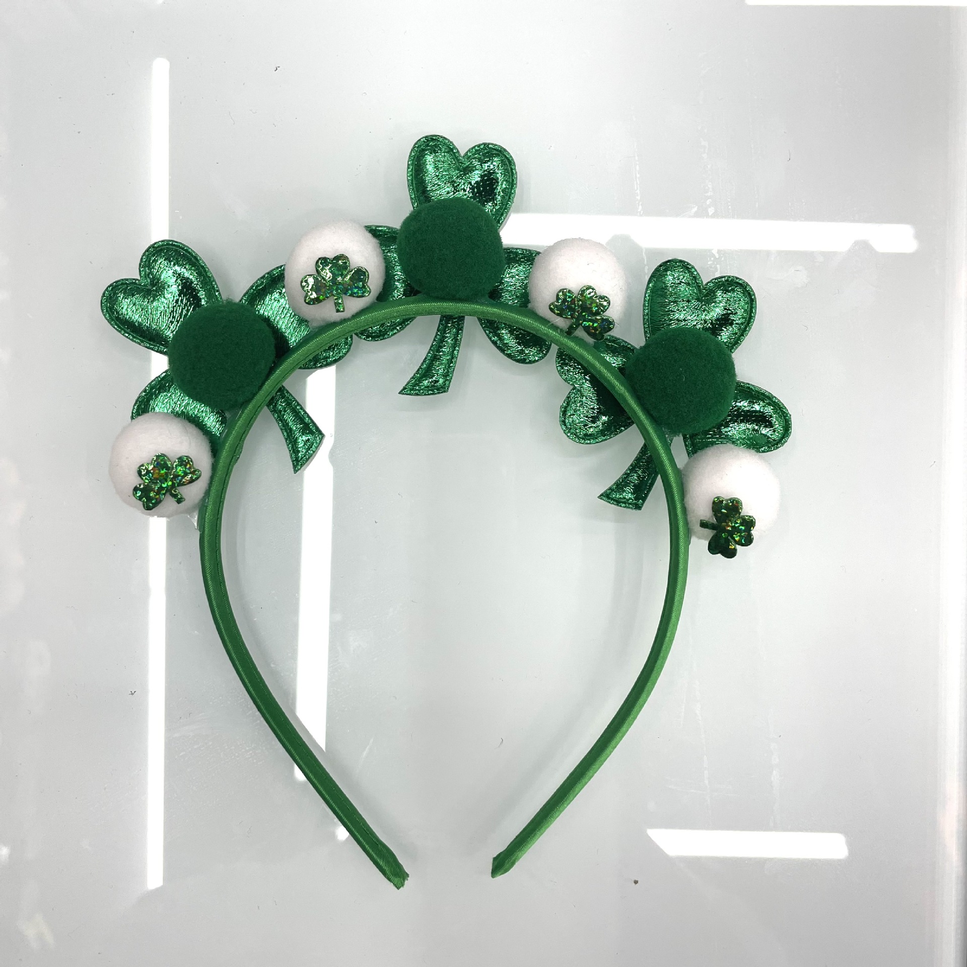 跨境节日饰品绿色白色球球三叶草发箍圣帕特里克节欧美发饰爱尔兰图