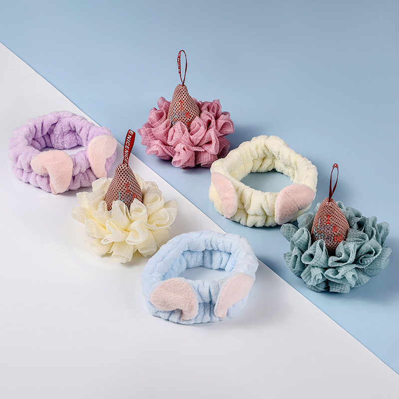 超柔软泡泡可爱洗浴花球高档不散搓背洗澡巾魔芋洗脸扑猫耳朵发带专供外贸细节图