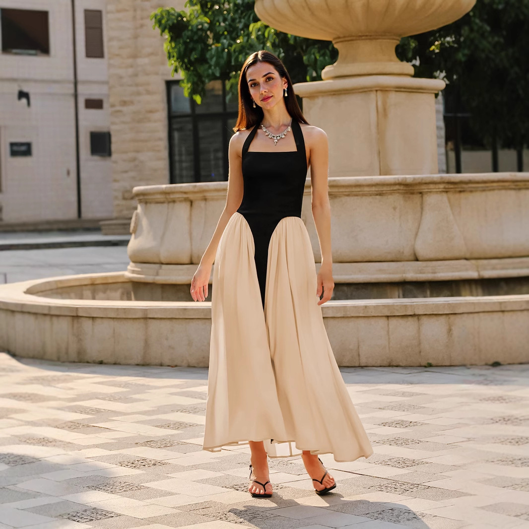 Cross-border European and American socialite elegant women's dress, fitted black and white, sleeveless, neckline, backless long dress, one-shoulder dress full figure