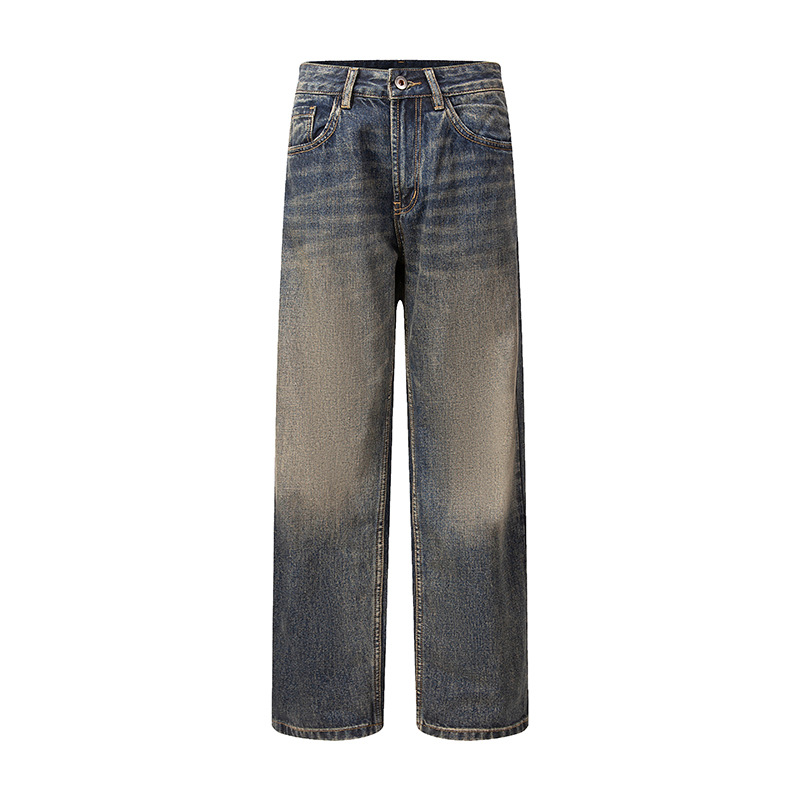 High-end men's jeans, stylish and cool American high street retro loose straight-leg jeans, washed and distressed jeans Item Picture