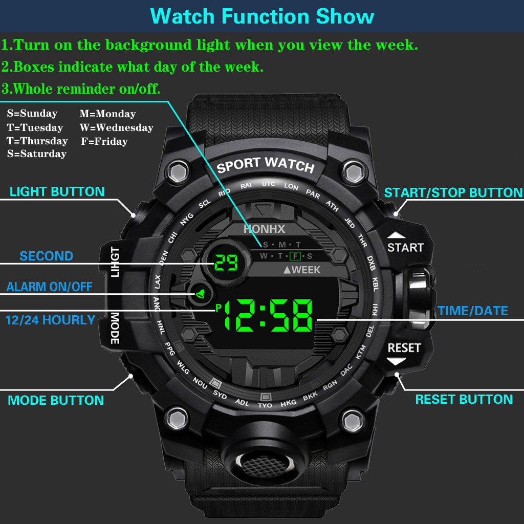 Factory wholesale men's waterproof sports multi-functional luminous electronic watches, outdoor cross-border fashion large dial box set Application Scenario