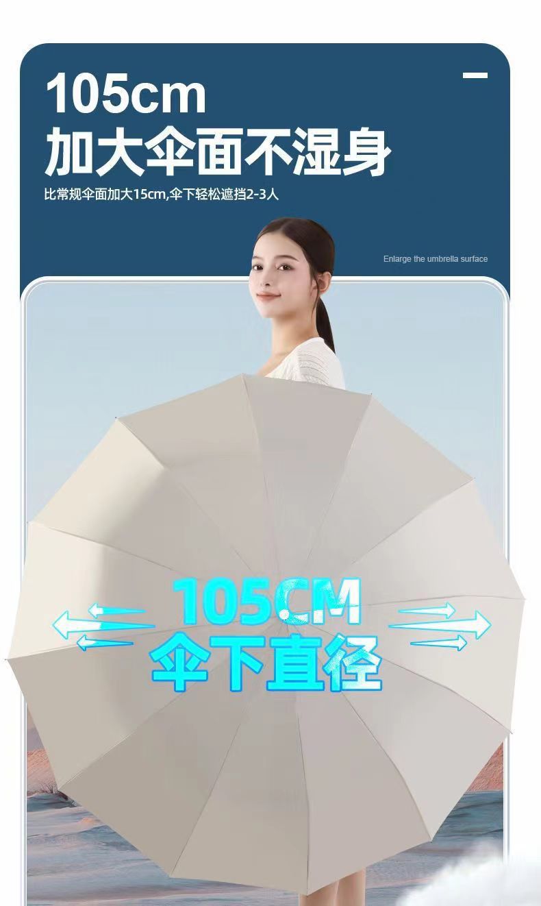 24-bone fully automatic reinforced black rubber umbrella, sun umbrella, folding umbrella, sunshade, sun umbrella, all-weather and all-weather sunshade pic 18