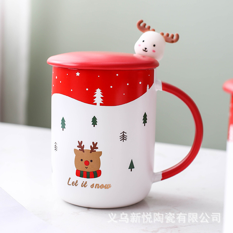 New creative Christmas ceramic coffee cup gift box with lid, spoon, reindeer, Santa Claus, milk cup and mug Item Picture