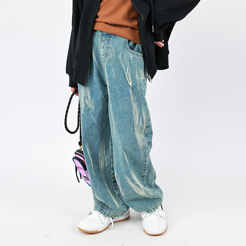 Girls' jeans, children's pants, 2022 Spring and Autumn new children's clothing, Korean style tie-dyed long pants, large and medium-sized children's wide-leg pants details Picture