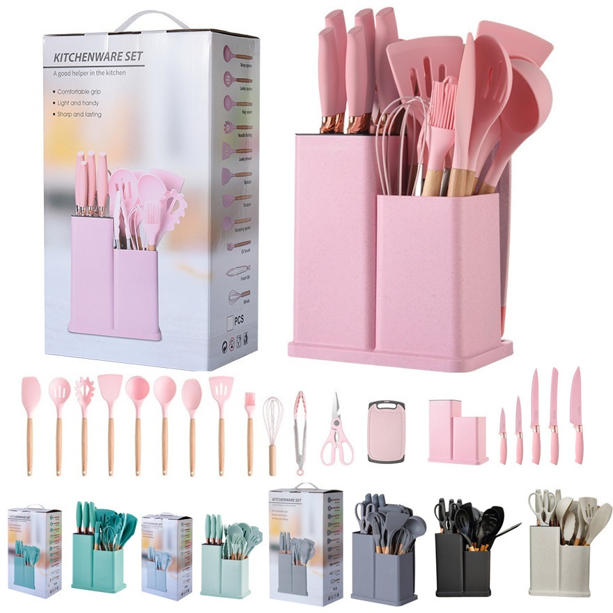 Wooden Handle Silicone Kitchen Utensils 19 Sets Chef Cooking Non-Stick Knives Cooking Spatula Spoon 12 Sets Cross-Border Supply