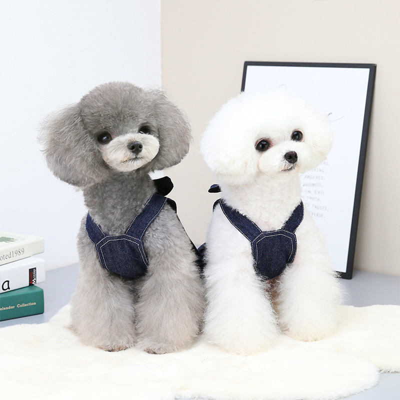 Spring and summer pet clothing, large bow tie denim set, with a leash attached. Pomeranian pet dog without leash Specification image