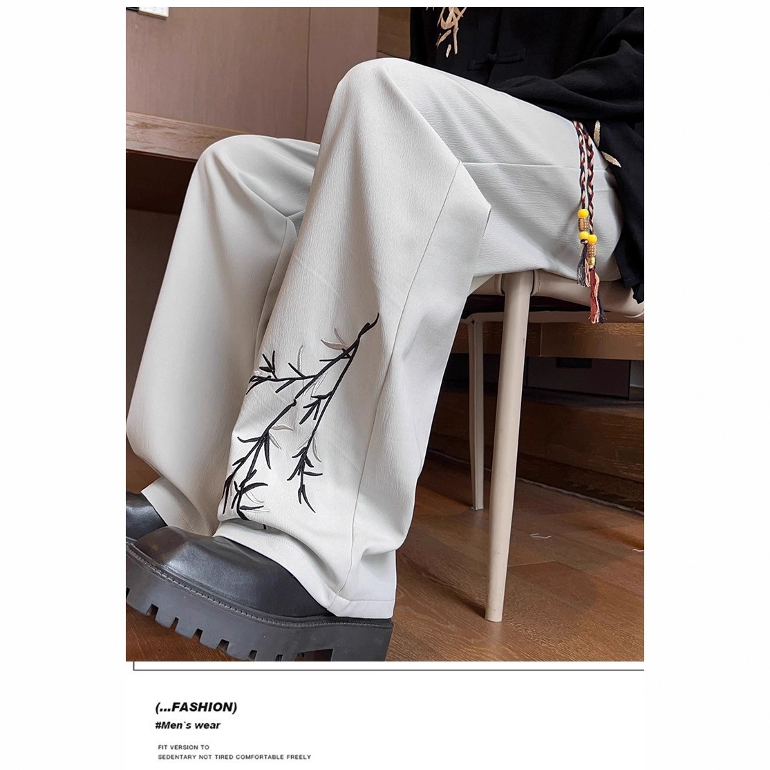 国潮春秋季潮流新款休闲裤男国风青少年刺绣直筒裤子运动百搭宽松长裤