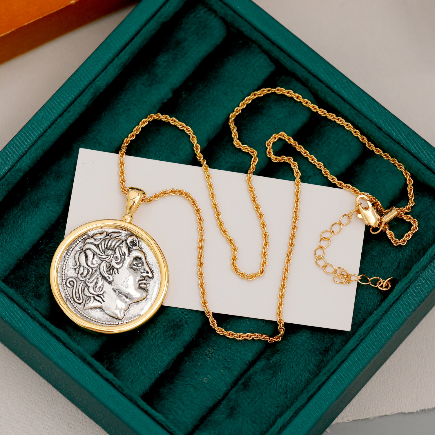 Hyacinth Ancient Roman Athena pendant Sun God Necklace, light luxury and niche ancient coin gold coin sweater chain, unisex Application Scenario
