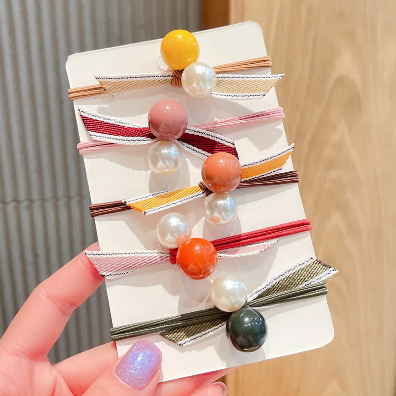 Korean Version Of Spring Beads Pearl Hair Band Streamer Hair Rope Adult Leather Band High Elastic Ponytail Leather Set Fashion Hair Rope