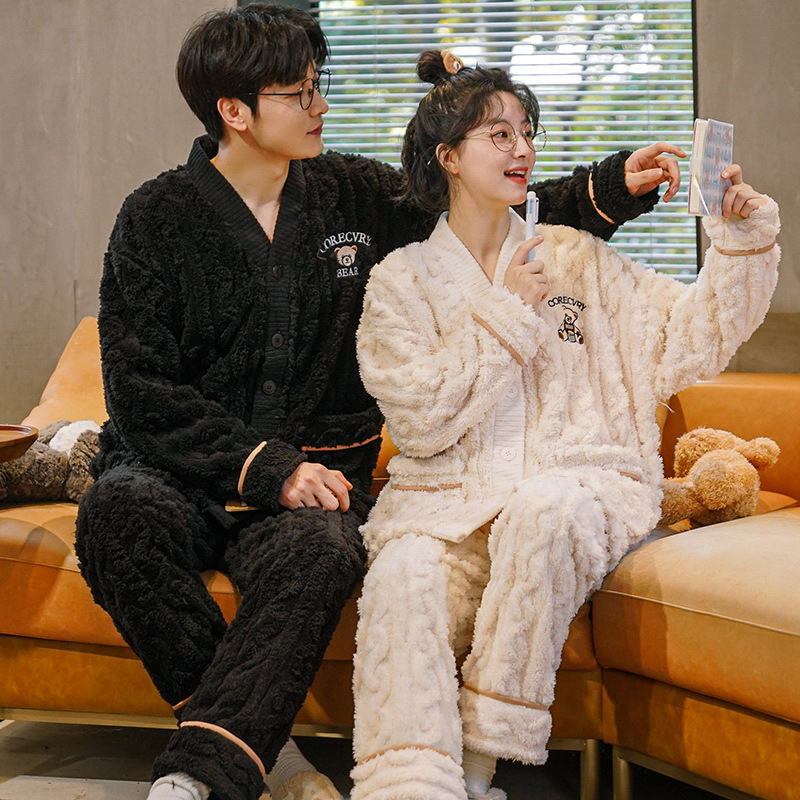 Flannel Couple Pajamas Women's Long Sleeve Set Sweet Cute Loose Men Plus Size Coral Velvet Homewear Winter Specification drawing