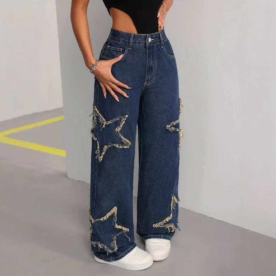 Cross-border European and American patchwork jeans, Amazon five-pointed star tassel fringed loose straight-leg casual and versatile floor-length pants
