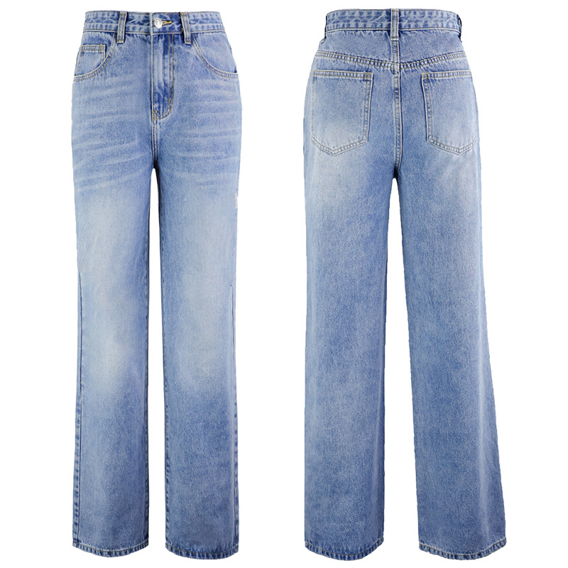 Custom-processed high-waisted, slimming women's 2022 summer new straight-leg, ripped wide-leg jeans for women Item Picture