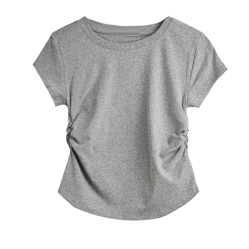 Corte coreano cuello redondo pequeño diseño premium sensación de hombro recto manga corta camiseta lateral de mujer plisado legging slim top de verano Item Picture