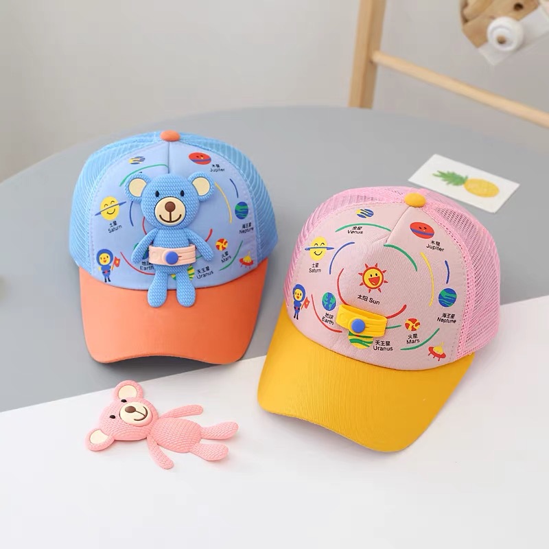 Summer Super Cute Cap Cartoon Bear Detachable Baseball Cap Mesh Sun Block Cap Kids Baseball Cap Specification drawing