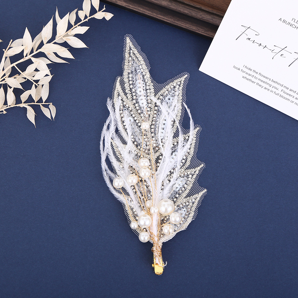 Senmeisen Feather Edge Clip Hair Accessory Bridal Wedding Headdress Vintage Style Pearl Hairpin Wedding Photo Accessory details Picture