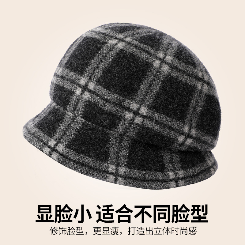 100% Quality Wool Basin Hat Women's Autumn-Winter Vintage Beret Checked Octagon Hat Warm Fisherman's Hat Specification drawing