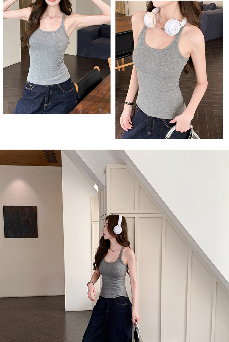 H136吊带背心女夏季辣妹美式性感修身显瘦无袖U领带胸垫内搭上衣详情16