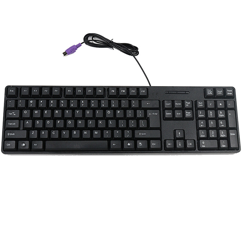 PS/2 round socket keyboard, desktop computer with wired round head and round interface, old-fashioned keyboard for office and home use