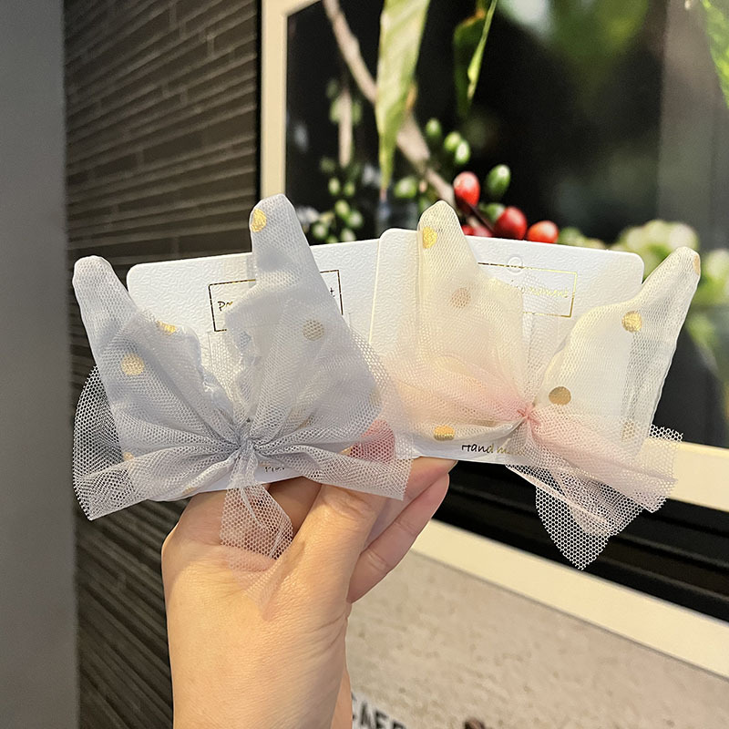 韩版儿童蝴蝶结发饰女童金色波点网纱发夹春夏款学生刘海边夹发卡