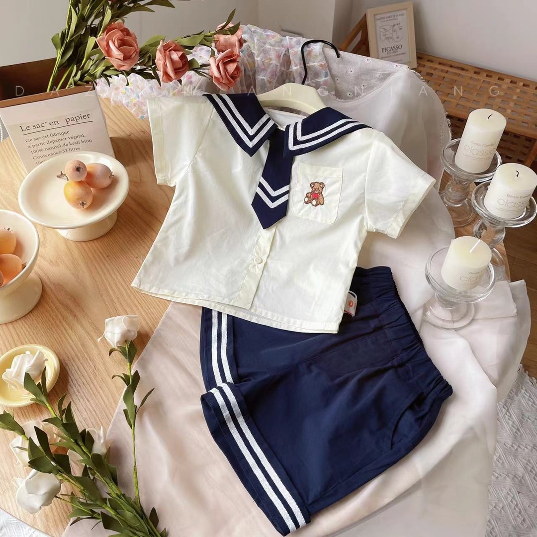【现货】儿童套装2024夏新款女童衬衫韩版宝宝jk学院风校服两件套