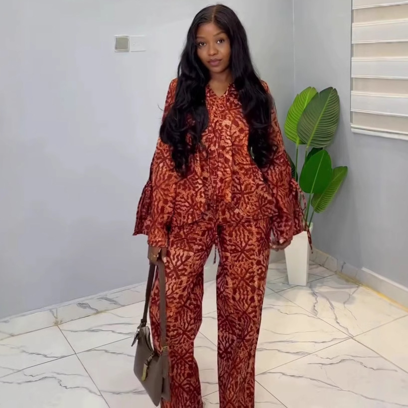 European and American large-sized long-sleeved, lace-up and printed shirt, high-waisted wide-leg long pants, African women's casual and fashionable two-piece set for women Application Scenario