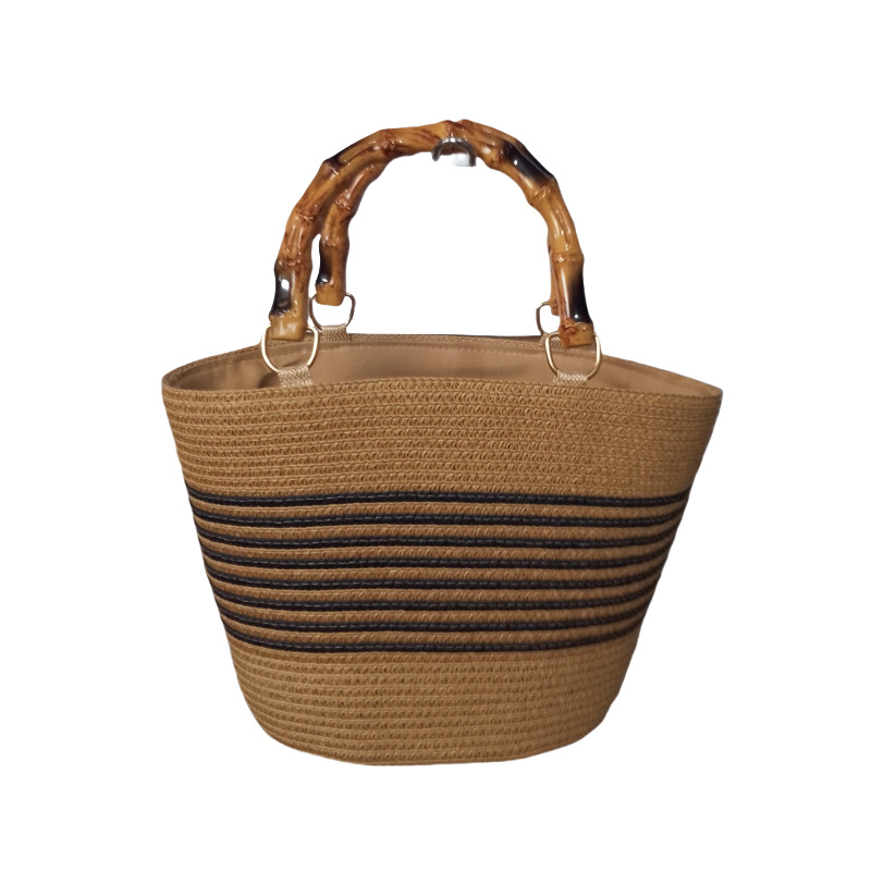 2024新款个性仿竹节手提时尚休闲黑白条纹编织草编网红流行手提包