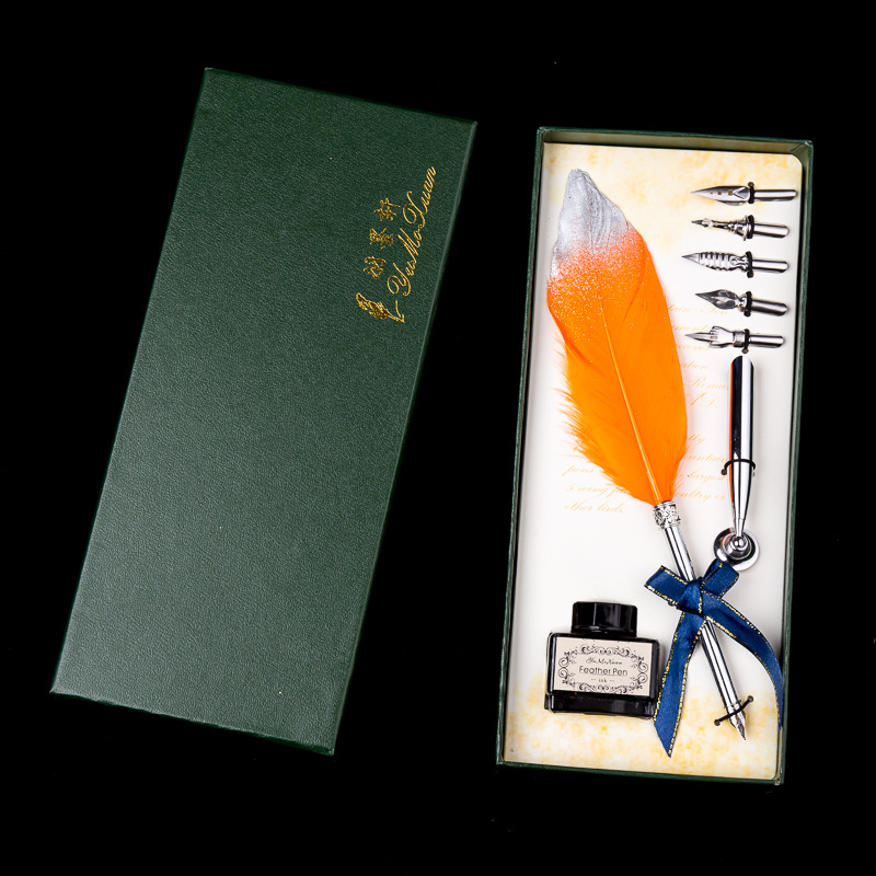 蓝孔雀羽毛钢笔底座银铂单片羽毛 蘸水笔钢笔套装笔杆可定 制图标